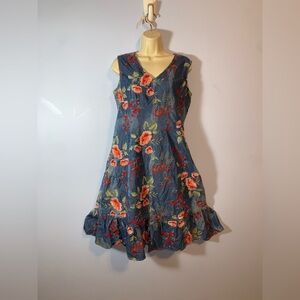 Reba blue chambray denim fit flare dress knee embroidered red floral size 6
